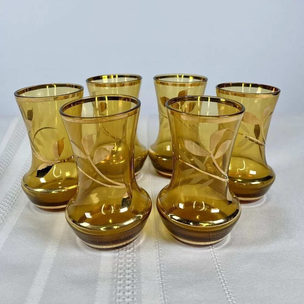 Bohemia Crystal 60s MCM Amber Decanter Floral & 6 Glasses Czech Mid Century RARE